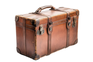 Vintage leather travel trunk in profile view. png