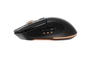 Modern wireless computer mouse in a dark color scheme. png