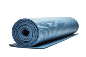 Rolled up exercise mat against a black background. png