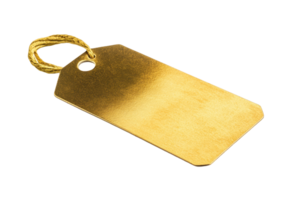 Gold colored tag with string, close up view. png