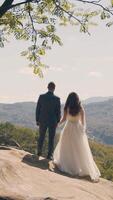 A happy couple of brides stand on the mountain with their backs to the camera and look into the distance at the mountains covered with trees. Looking into the video