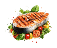 Grilled salmon with fresh vegetables and herbs png