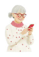Elderly asian female using smartphone with joyful expression png