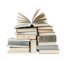 Stack of books with open pages above a tower of closed books png