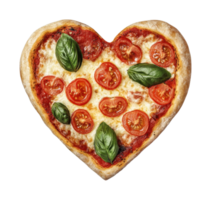 Heart-shaped pizza with tomatoes and basil toppings png