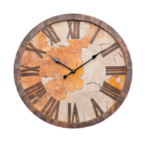 Vintage roman numeral wall clock with weathered texture and rusted metal frame png