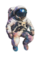 Astronaut in space suit with reflective helmet floating in zero gravity png