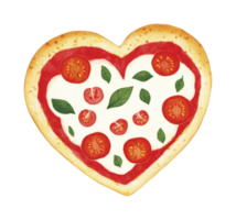 Heart-shaped pizza with tomatoes and basil on white surface png