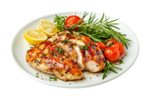 Grilled chicken breast with herbs and lemon garnish on white plate png