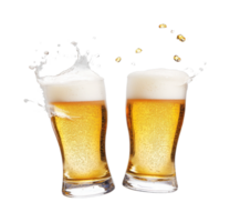 Foaming lager splash from two full beer glasses with bubbles png