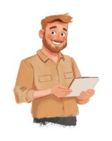 Smiling caucasian male character holding tablet png