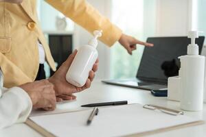 Business or working woman present product for customer, research and development discuss and point weakness and strong of product, investment, marketing, trending products report findings and ideas photo