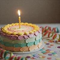 Festive cake with two-tone buttercream and sprinkles. In the center is one burning yellow candle. Bokeh background with flying confetti. Perfect for a birthday, anniversary or congratulations. photo