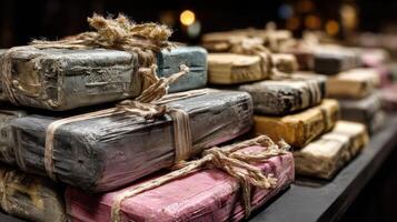 Stacked illicit packages wrapped in plastic in warehouse environment photo