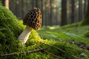 A single morel mushroom growing on mossy ground in a forest with blurred trees in the background photo