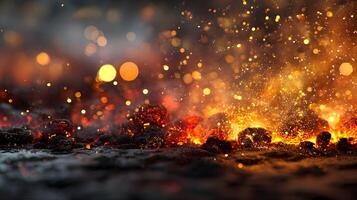 Close up of burning coals with sparks and bokeh lights creating a warm and fiery atmosphere photo