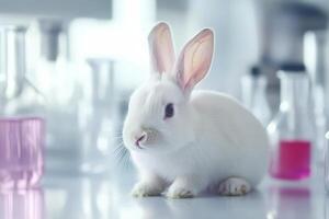 Light beige rabbit on lab table with blurred scientific equipment photo