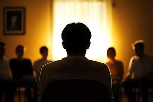 Back view of man in support group meeting with people in a bright yellow room setting indoors photo