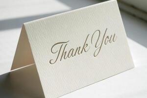 Close up of a thank you card with elegant script on a white surface in soft natural light photo