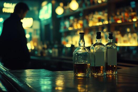 Three liquor bottles stand on a bar counter with a bartender in the background at a dimly lit bar photo