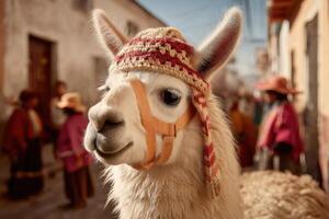 Close-up portrait of a white llama with crocheted hat and South American town background photo