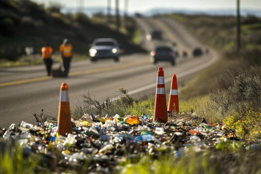 Roadside litter with traffic cones and workers in safety vests on a highway cleanup project visible photo