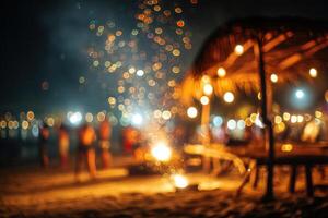 Blurred night scene of a beach party with bonfire and illuminated hut under a dark sky full of lights photo