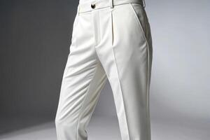 Close up of elegant white trousers with a button and pleats on a neutral studio backdrop setting photo