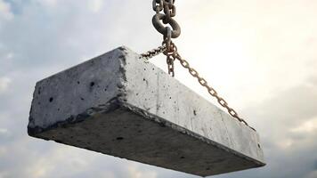 A concrete block suspended by a metal chain against a cloudy sky during the daytime view from below photo