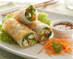 Close up of fresh spring rolls with dipping sauce on a white plate for a healthy meal option photo