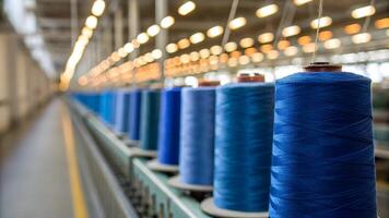 A long row of spools of blue thread in a textile factory under bright industrial lights overhead photo