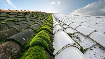 Roof cleaning comparison showing moss removal on tiles against a cloudy sky background outside home photo
