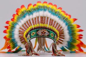 close up Vibrant Native American headdress with feathers and intricate beadwork photo