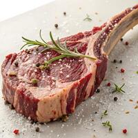 Raw tomahawk steak seasoned with rosemary and spices ready to be grilled for a delicious meal photo
