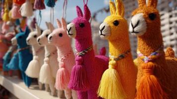 Group of colorful llama figurines in a festive setting photo