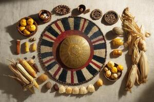 Cultural artifacts and food items with gold shield, corn, and baskets photo