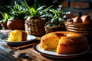 Rustic still life of Brazilian cornbread cake on wooden table photo
