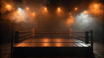 A boxing ring illuminated by spotlights with smoke creating a dramatic and intense atmosphere in the arena photo