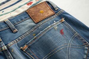Close up of blue denim jeans with paint splatters and leather patch on a white background detail photo