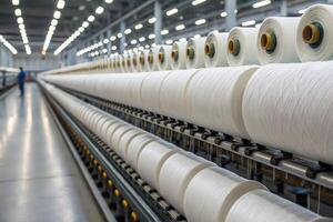 Rolls of white yarn on a textile machine in a factory showing industrial production process in detail photo