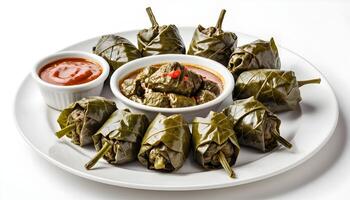 Stuffed Grape Leaves Plate with Tomato Sauce and Leaves Dish photo
