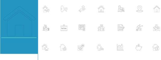 Modern real estate icons for property, architecture and urban design. Clean scalable illustrations for apps, presentations and marketing vector