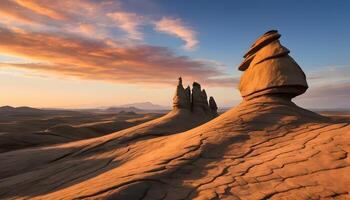 Sandstone Formations in Desert Landscape Under Colorful Sunset Sky photo