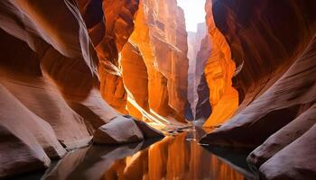 Exploring a Narrow Canyon with Sandstone Walls and Water Reflection photo