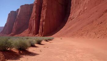 Exploring Vast Desert Landscape with Red Rock Formations and Sparse Vegetation photo
