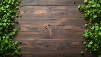 Fresh Green Parsley Bordering a Dark Wooden Background Creates a Frame photo