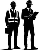 Two men in hard hats and safety vests are standing next to each other vector