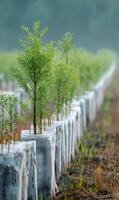 Nurturing saplings in a row a symbol of growth and sustainable practices for a greener future photo