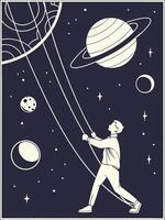 A man is flying a kite with planets and stars vector