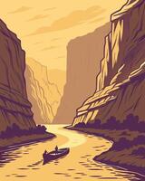 A man in a boat is traveling down a river in a canyon vector